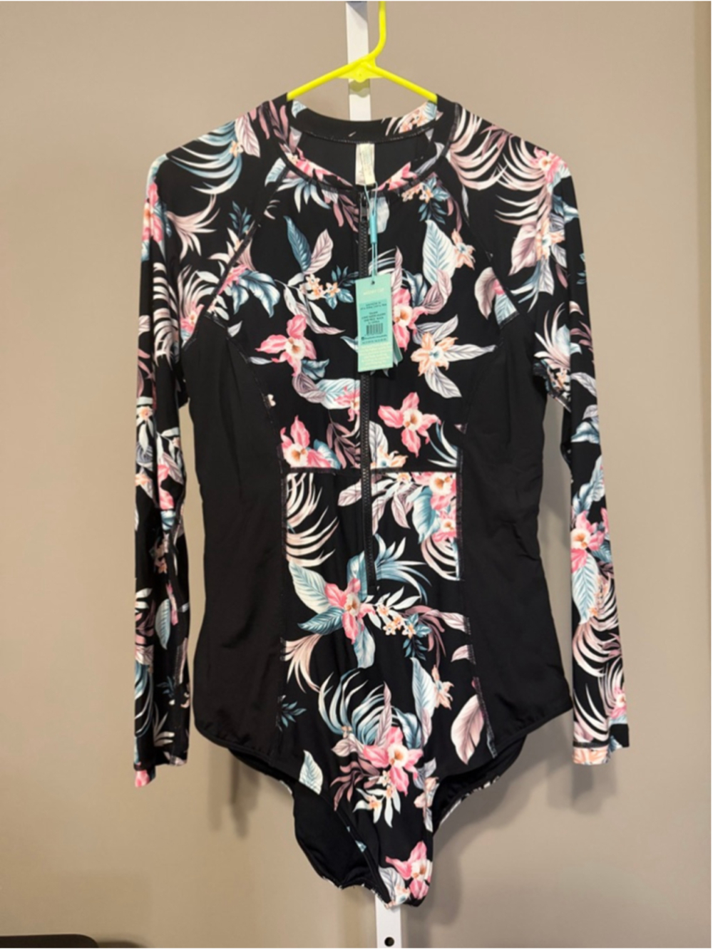 Women's Sea Level Swim Black Pink Floral Long Sleeve One Piece Swimsuit 14